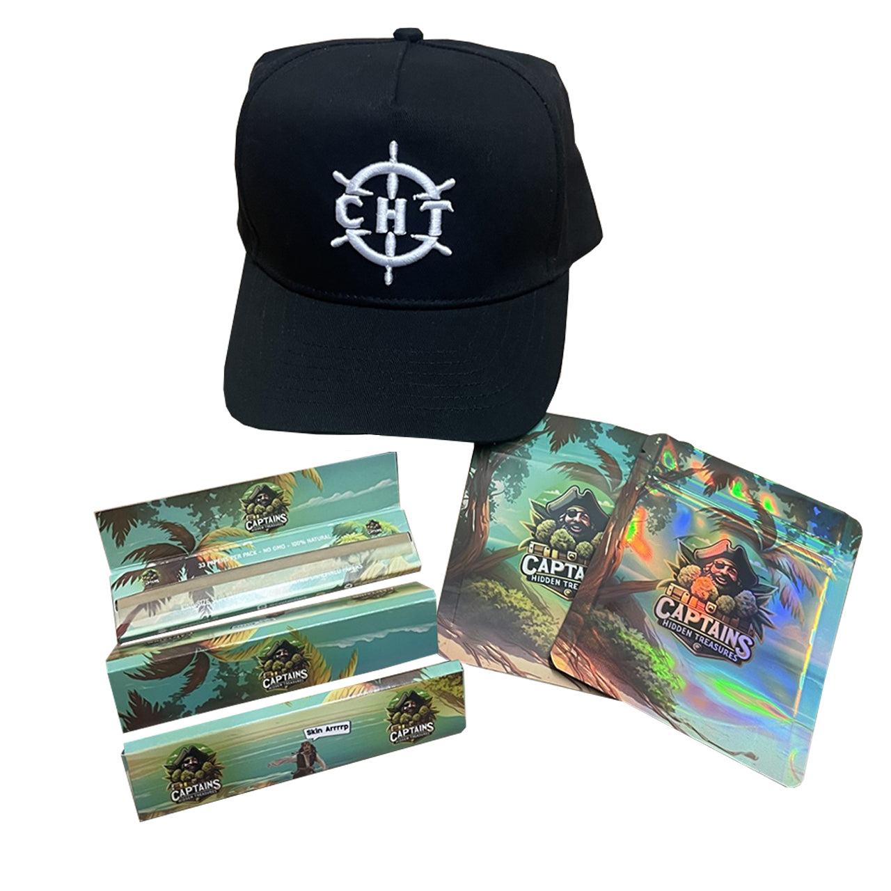 Black cap with a logo and custom mylar bags, custom rolling papers printed with personalized design.