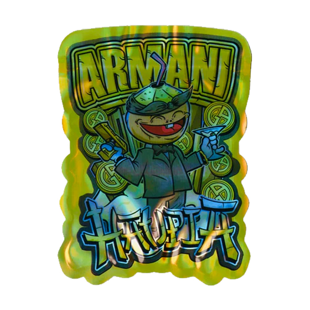 Haupia 3.5g Mylar bag cartoon character and 'Armani' branding on a  cali pack