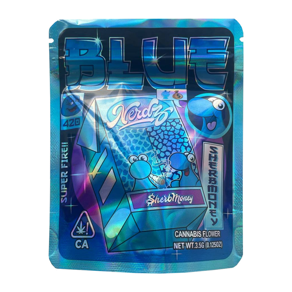 blue nerdz mylar bag, sherbmoney cali pack, 3.5g cannabis packaging california