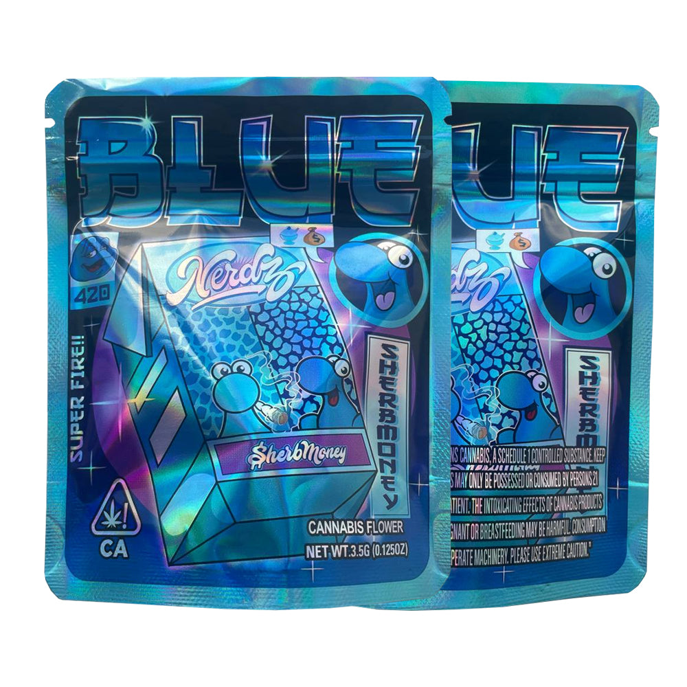 sherb money cali packs, blue 3.5g mylar bags novelty cannabis packaging