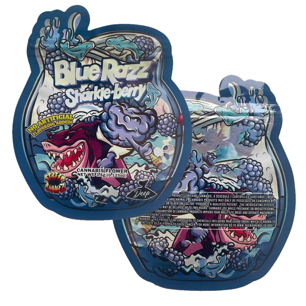 Colorful packaging for 'Blue Razz Sharkie Berry' cannabis flower with cartoon shark design. Blue Razz Sharkie Berry mylar bag cali pack blueberry