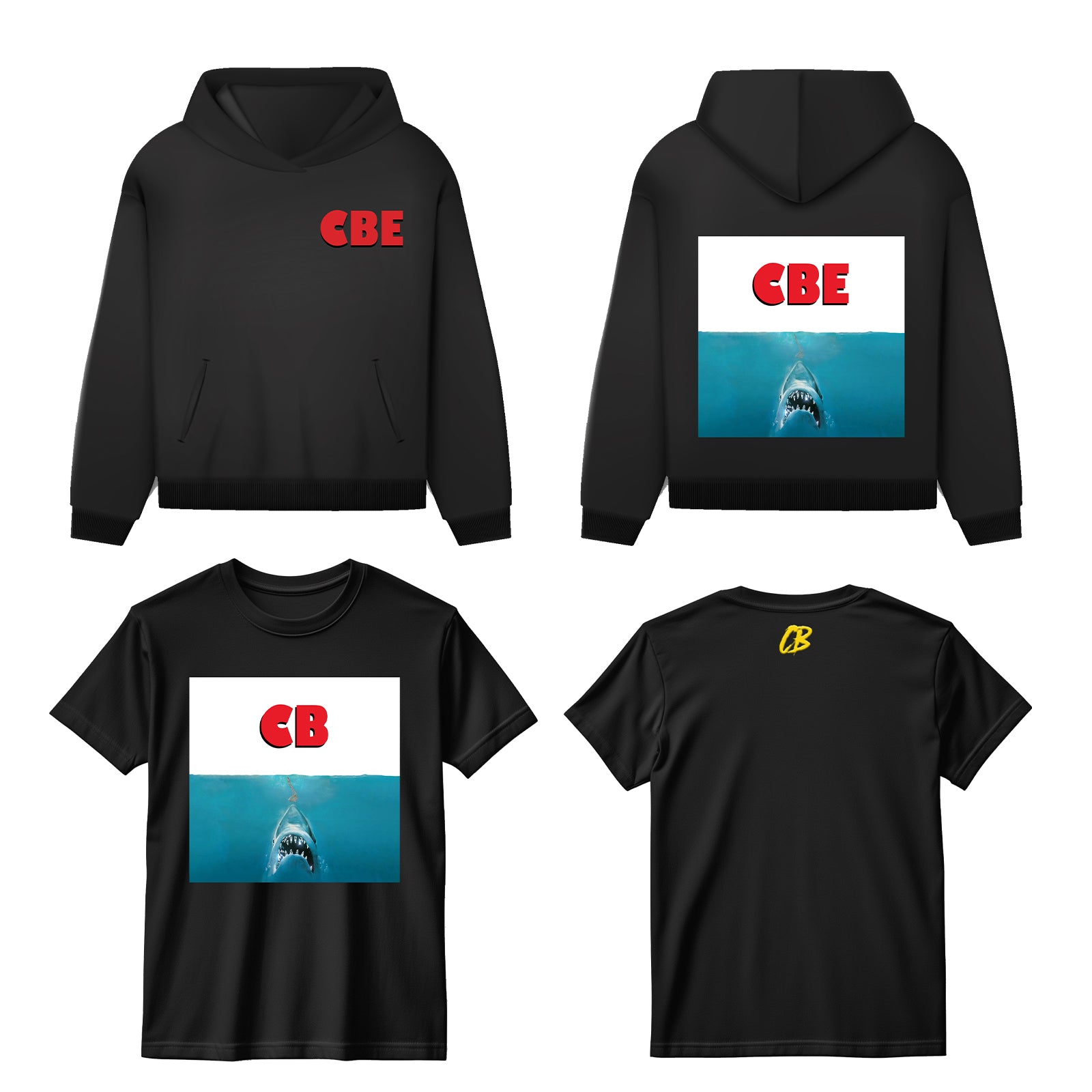 Black hoodie and t-shirt CBE Stores merch branding and jaws style shark graphic tshirt on a white background