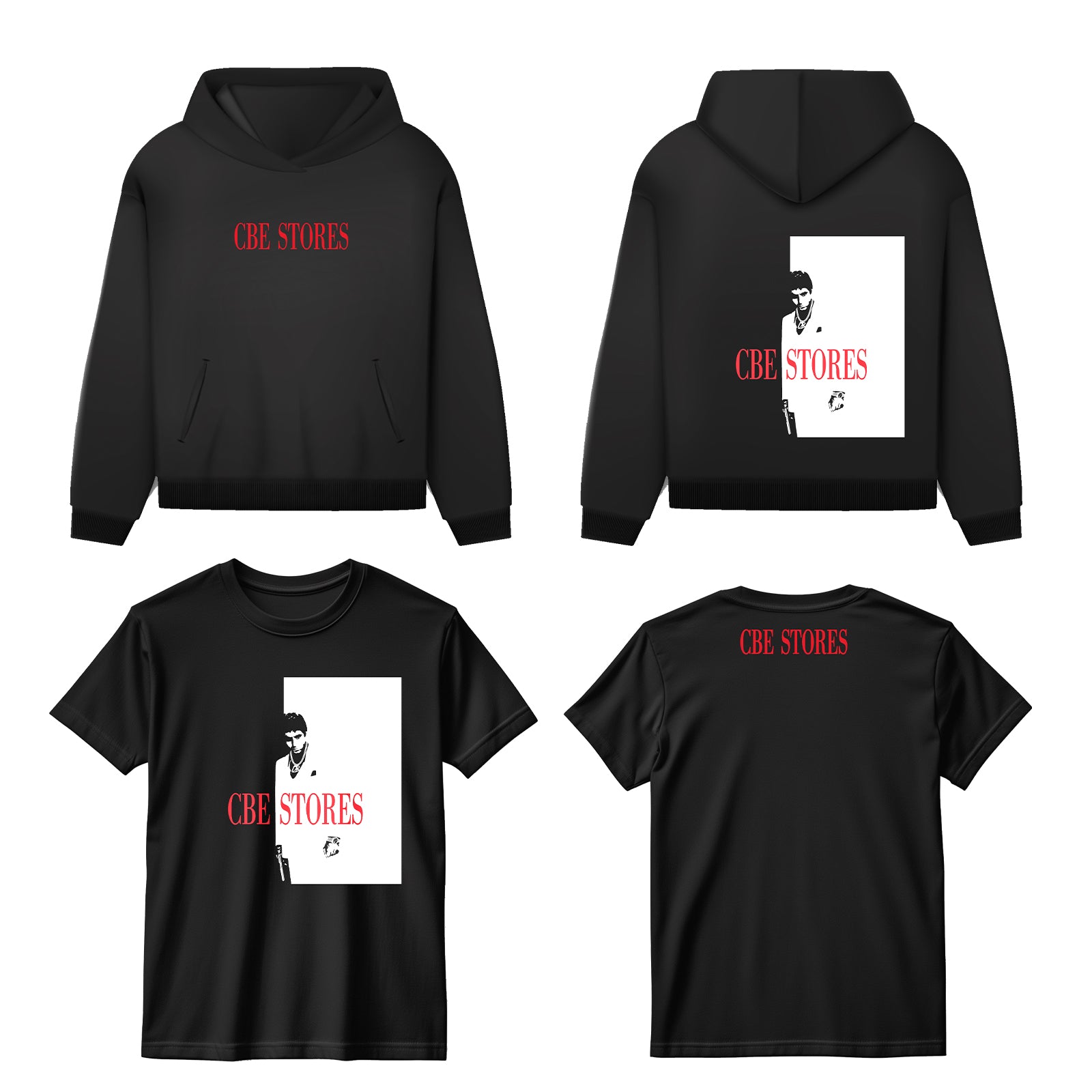 Black hoodie and t-shirt set CBE stores merch scarface style branding on a white background