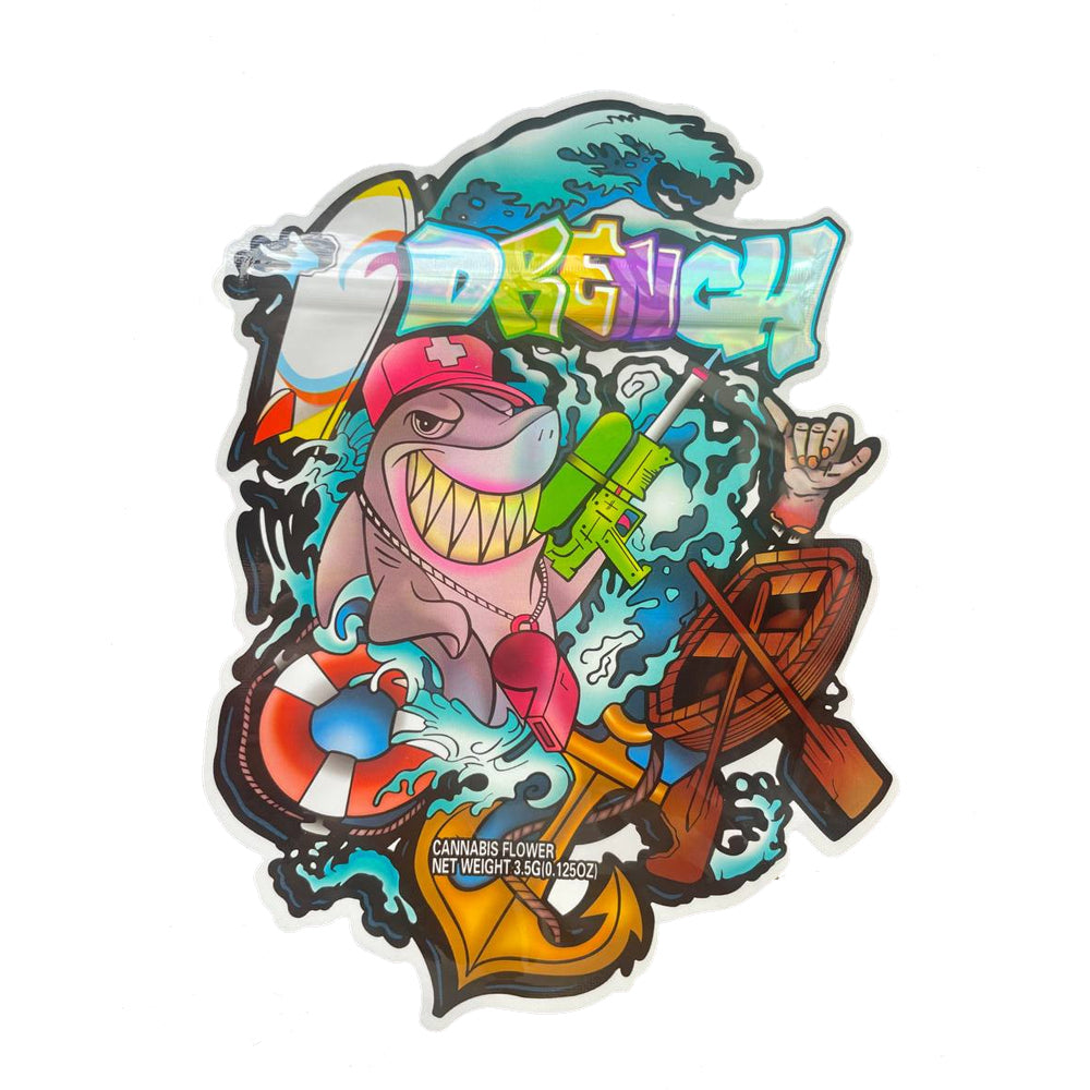 Colorful mylar bag with a shark character on a 3.5g cali pack white background