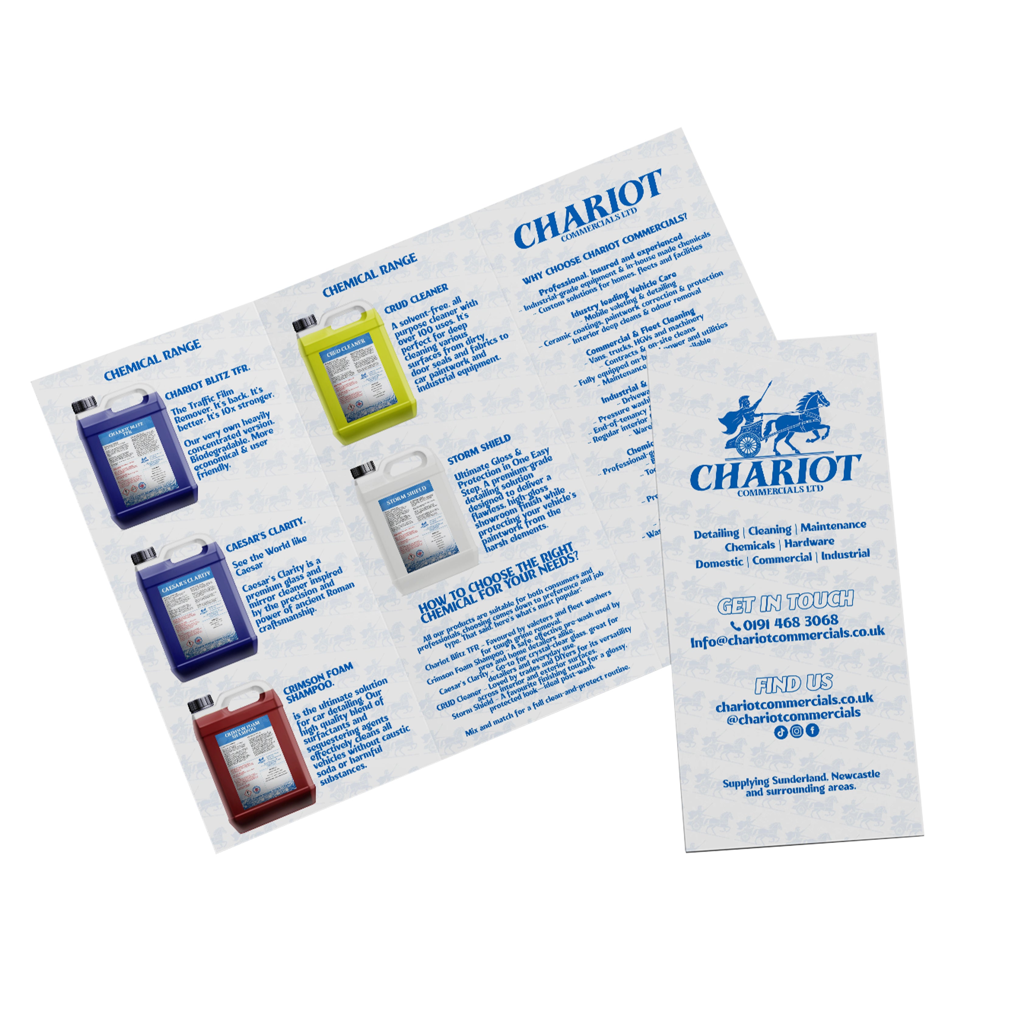 Custom printed promotional leaflet we designed these with product images on a white pattern background