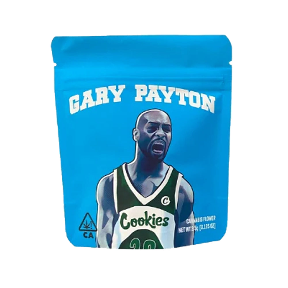 Gary Payton Cookies 3.5g mylar bag with sleek blue and white Cookies cali packs branding, strain label, and resealable packaging designed for resealabe use. 