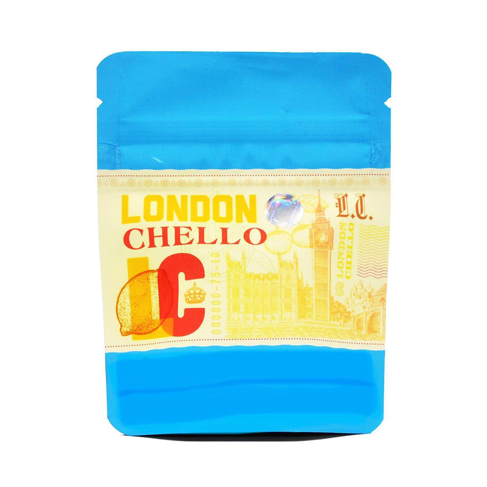 London Chello Cookies 3.5g mylar bag featuring bright orange and blue packaging design with Cookies cali packs branding, strain label, and resealable top for resealable use.