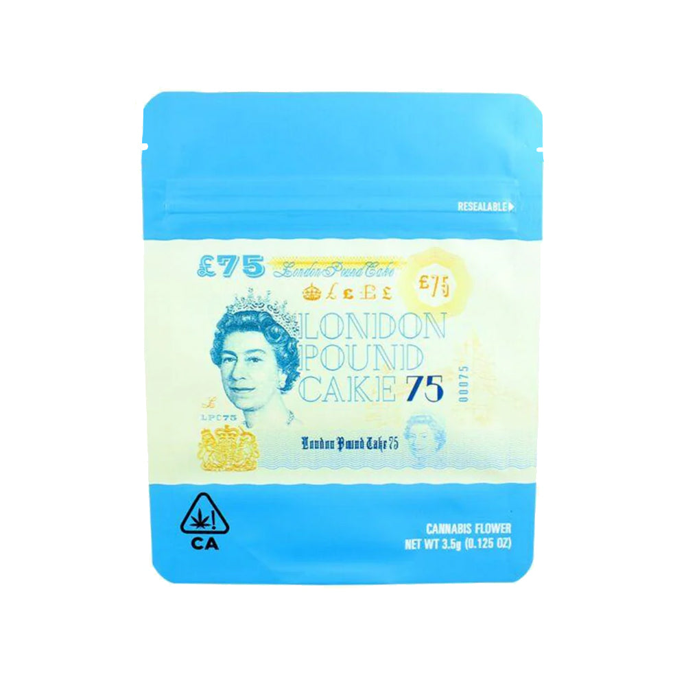 London Pound Cake Cookies 3.5g mylar bag cali pack packaging design with Cookies branding, strain label, resealable bags