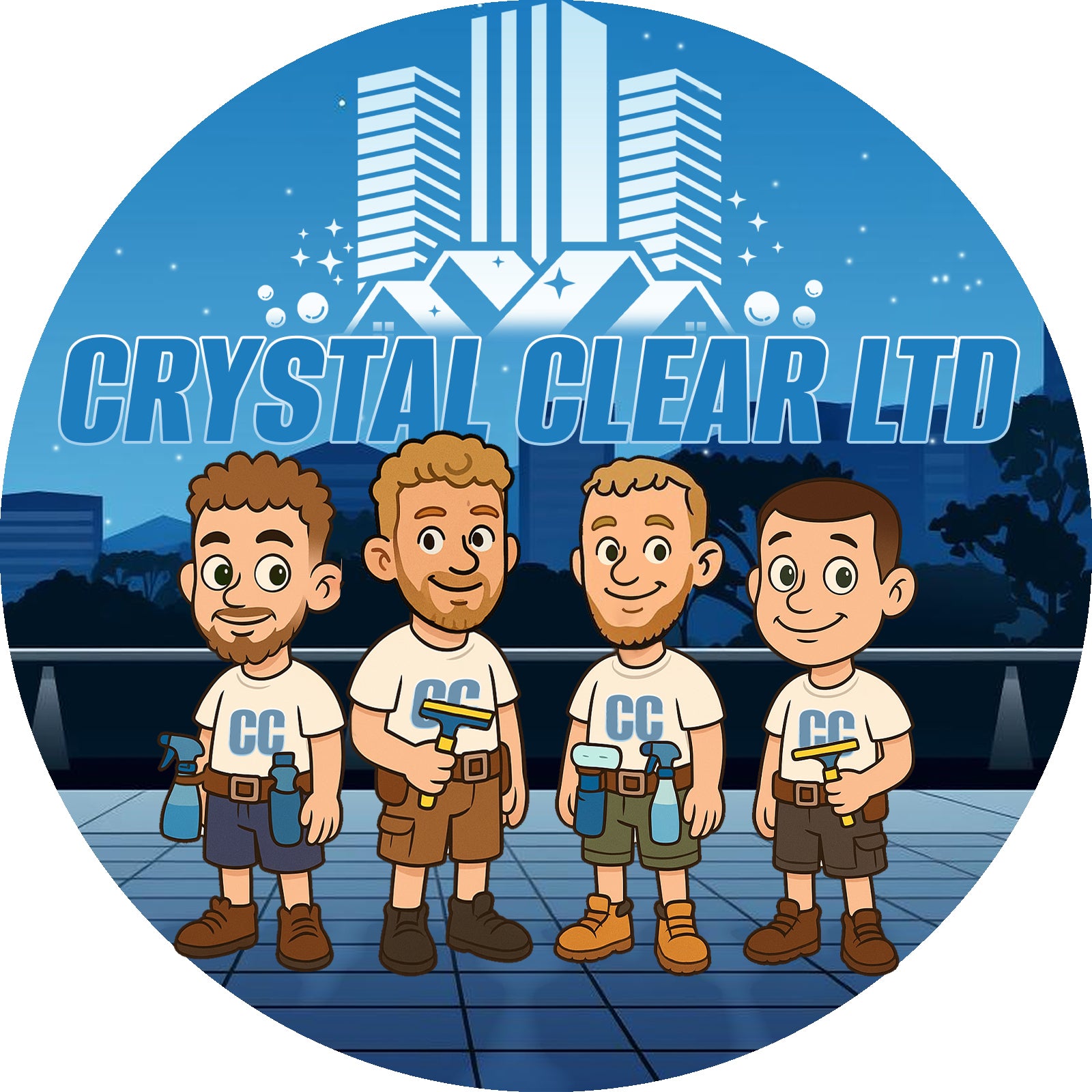 Custom logo design service for Crystal Clear Ltd featuring cartoon window cleaning mascots