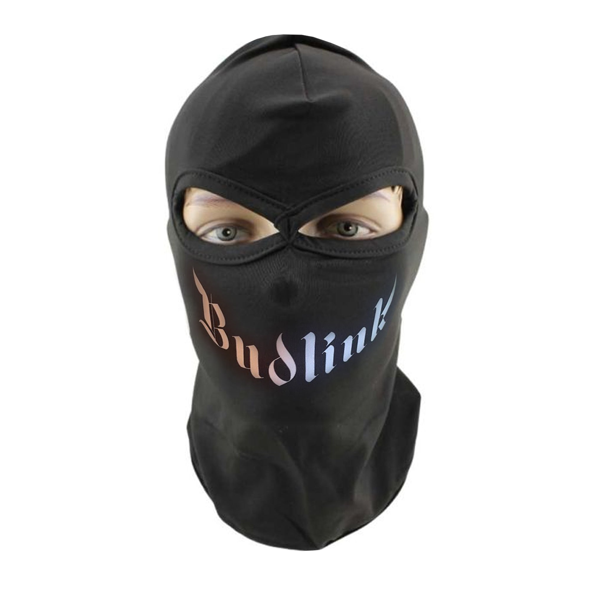 Custom balaclava printed with 'Budlink' branding in white on  a black bally