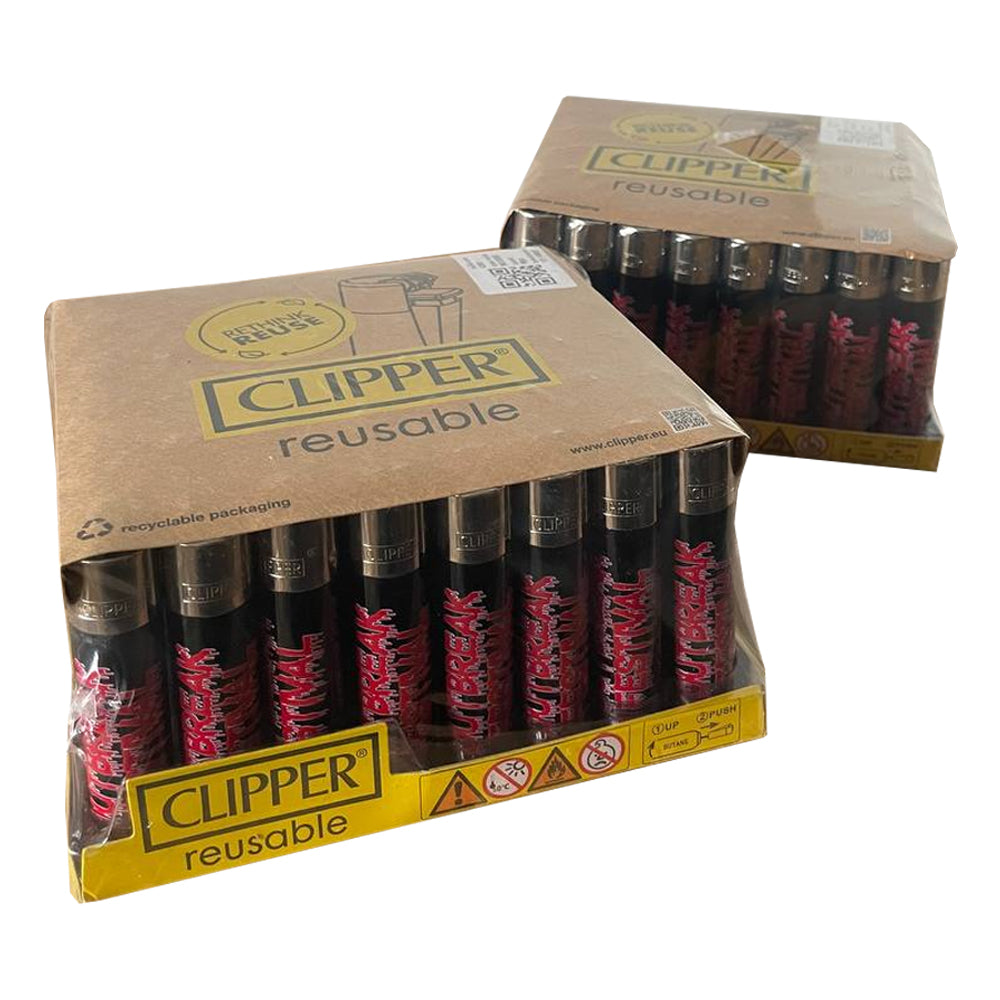 Custom Clipper lighters for Outbreak Festival – direct printed personalised Clipper lighters with logo design.