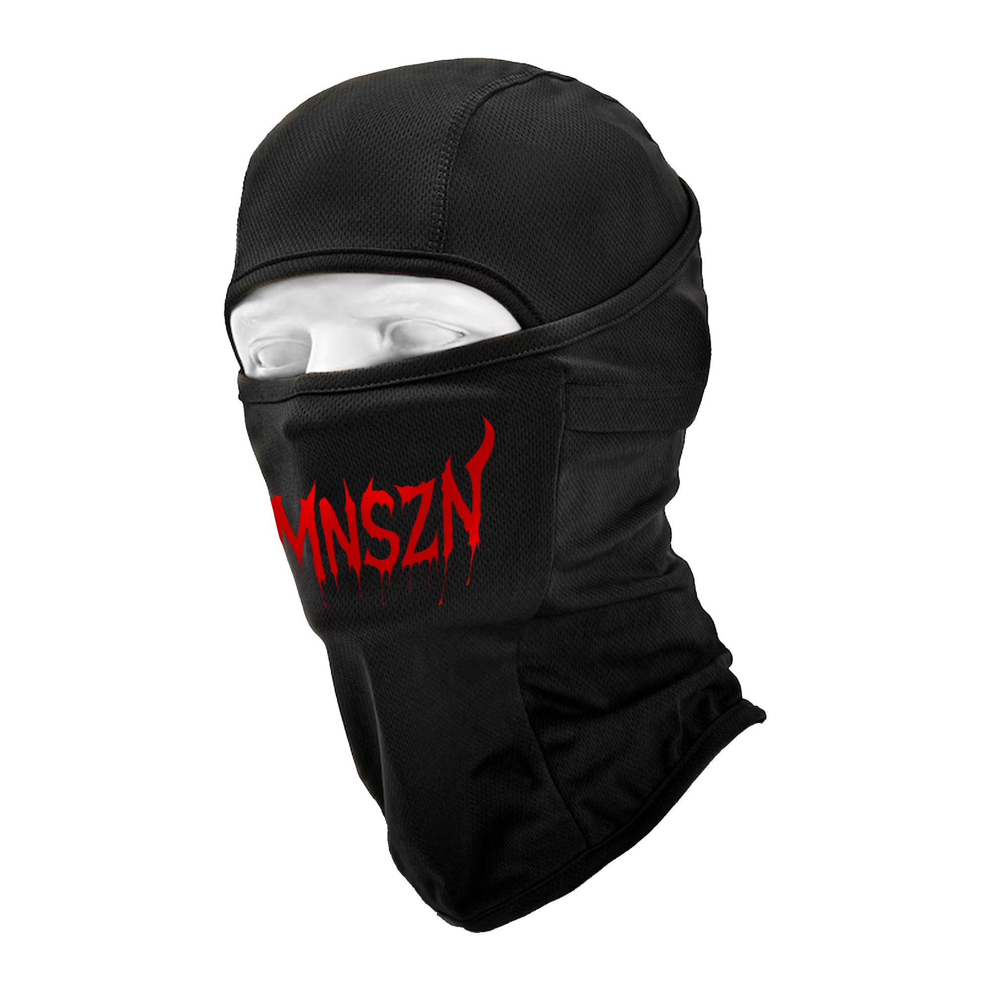 Custom balaclava black bally with red text on a white background