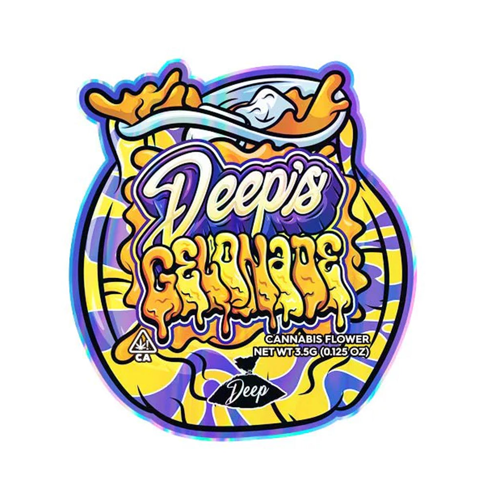 Colorful Gelonade cannabis packaging cali pack mylar bag with '-Deep's branding on a white background