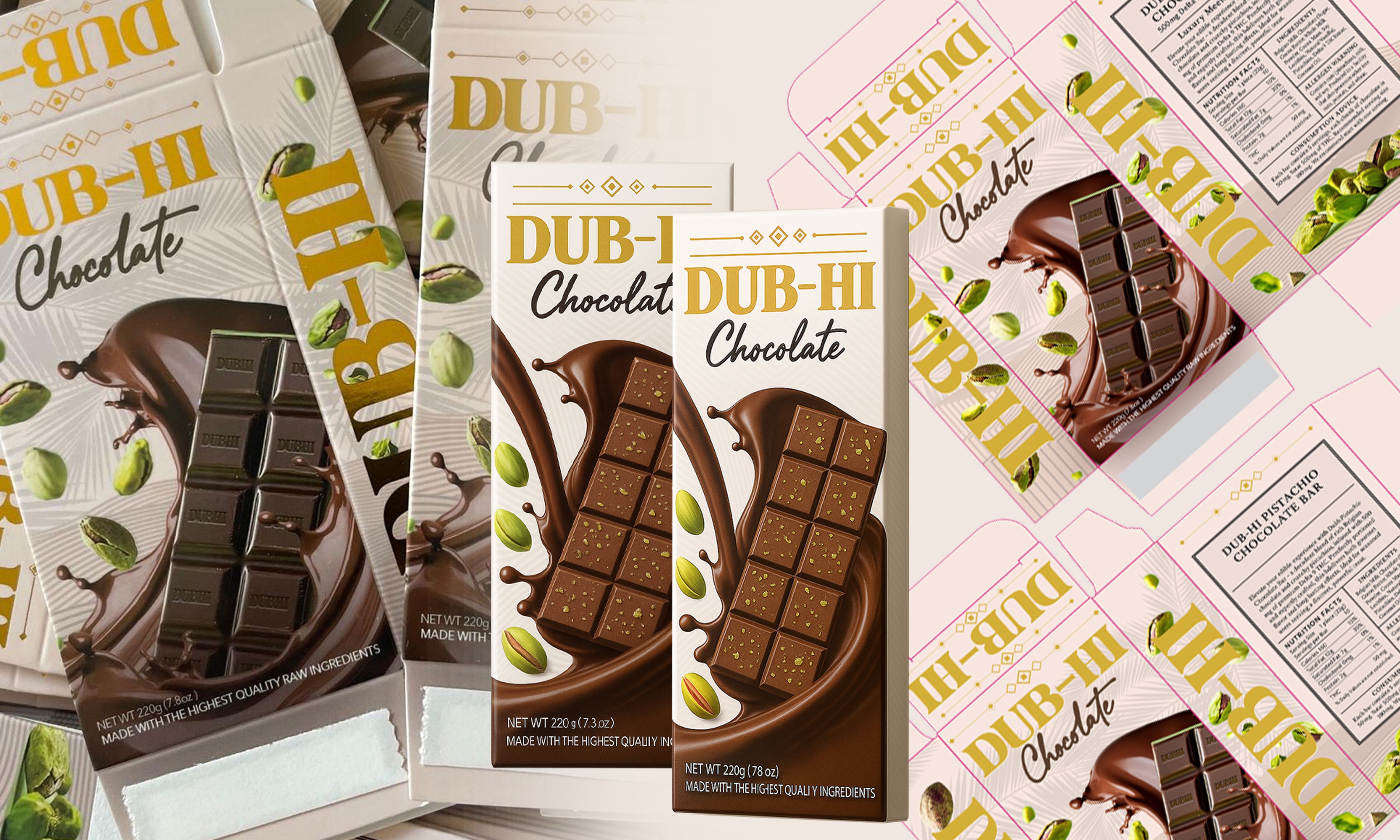 Dubai Chocolate packaging design on product display