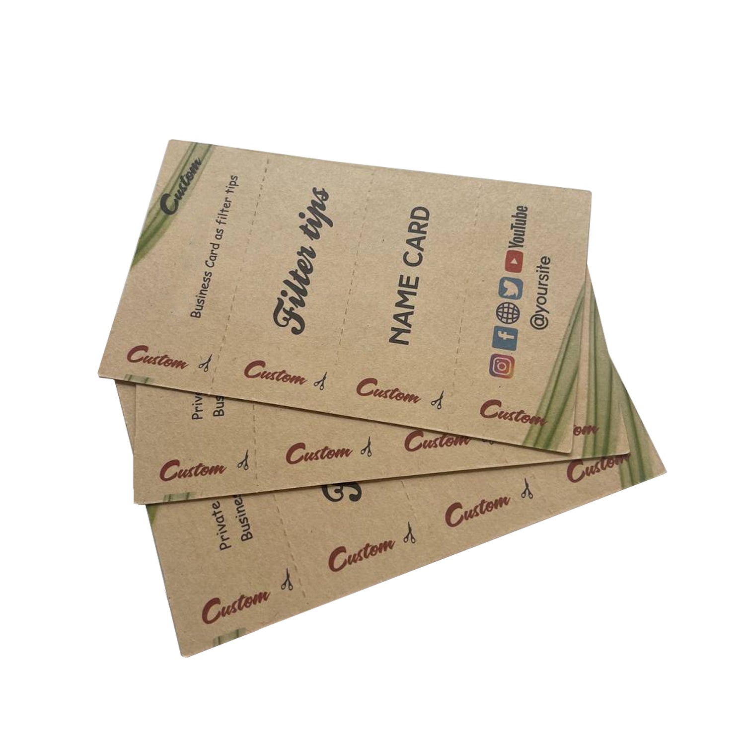 Kraft paper business filter tip cards with text and icons business cards  on a white background custom design and print 