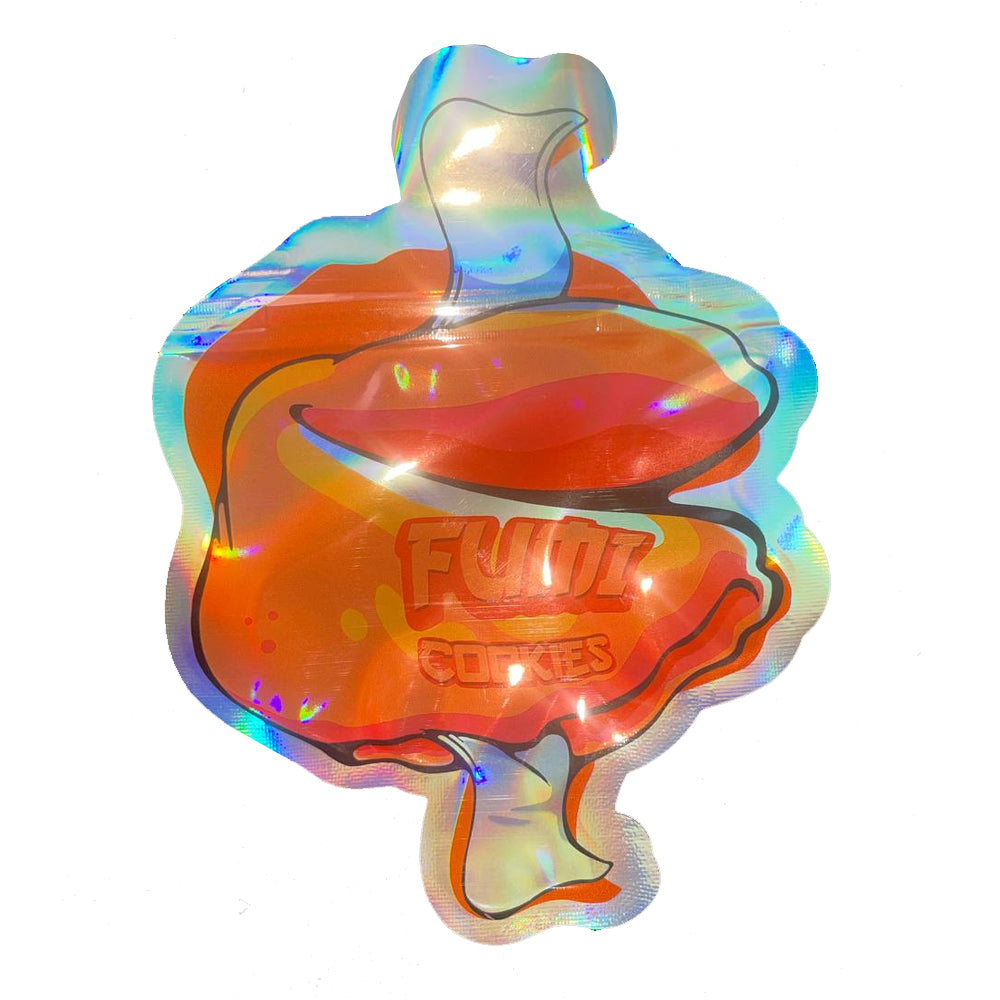 Holographic leg of meat shaped mylar bag with fumi cookies branding on a 3.5g cali pack