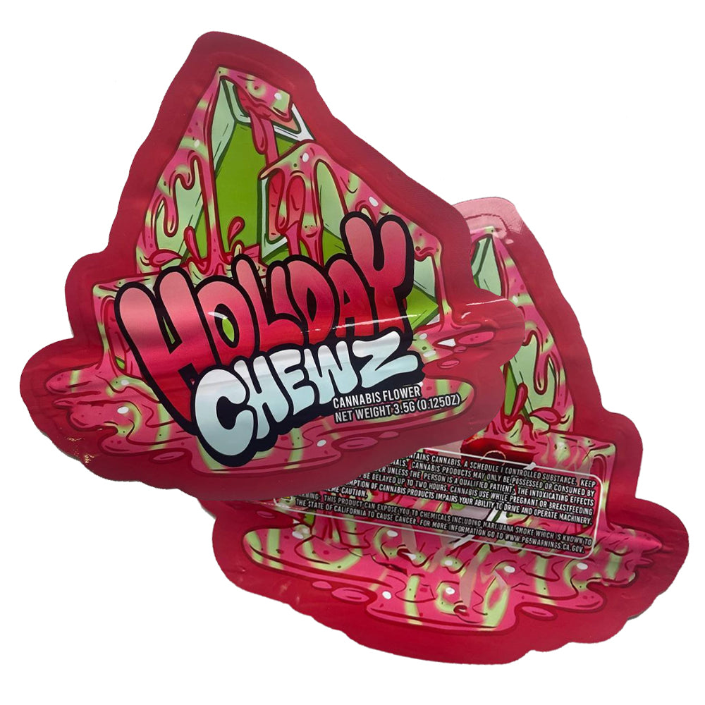 Colorful packaging of 'Holiday Chewz' 3.5g flower mylar bag cali pack on a white background
