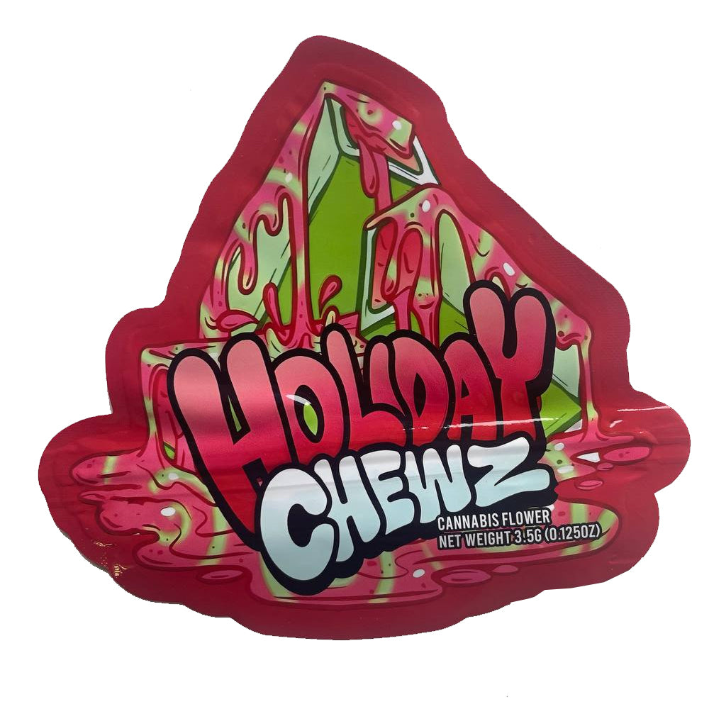 Colorful packaging of 'Holiday Chewz' flower mylar bag cali pack on a white background