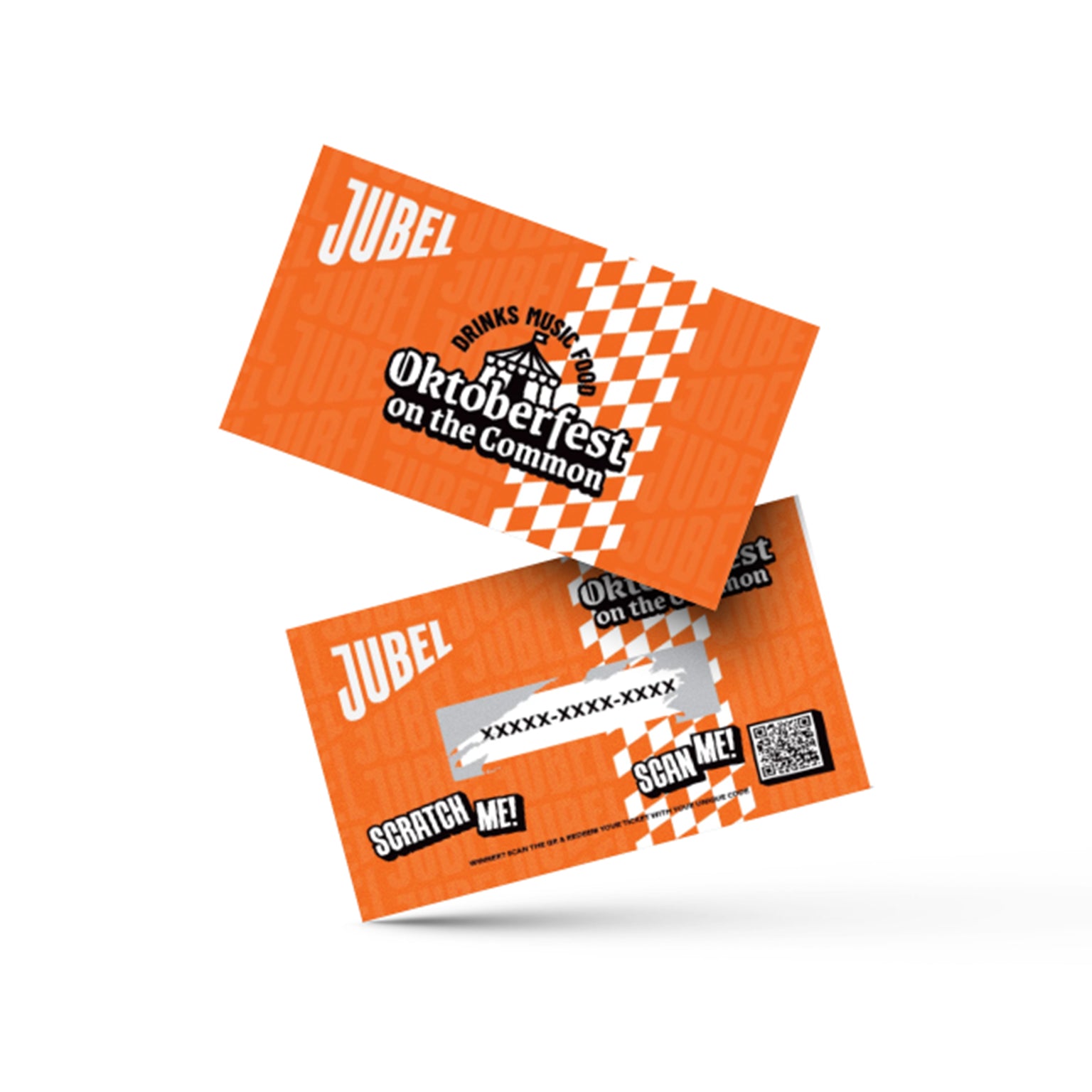 JUBEL Oktoberfest scratch card design mockup featuring orange branded artwork, silver scratch-off panel, QR code and Oktoberfest on the Common branding