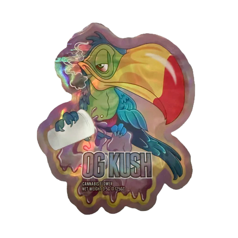 Holographic 'OG Kush' cannabis flower packaging mylar bag cali pack with cartoon parrot design on a white background