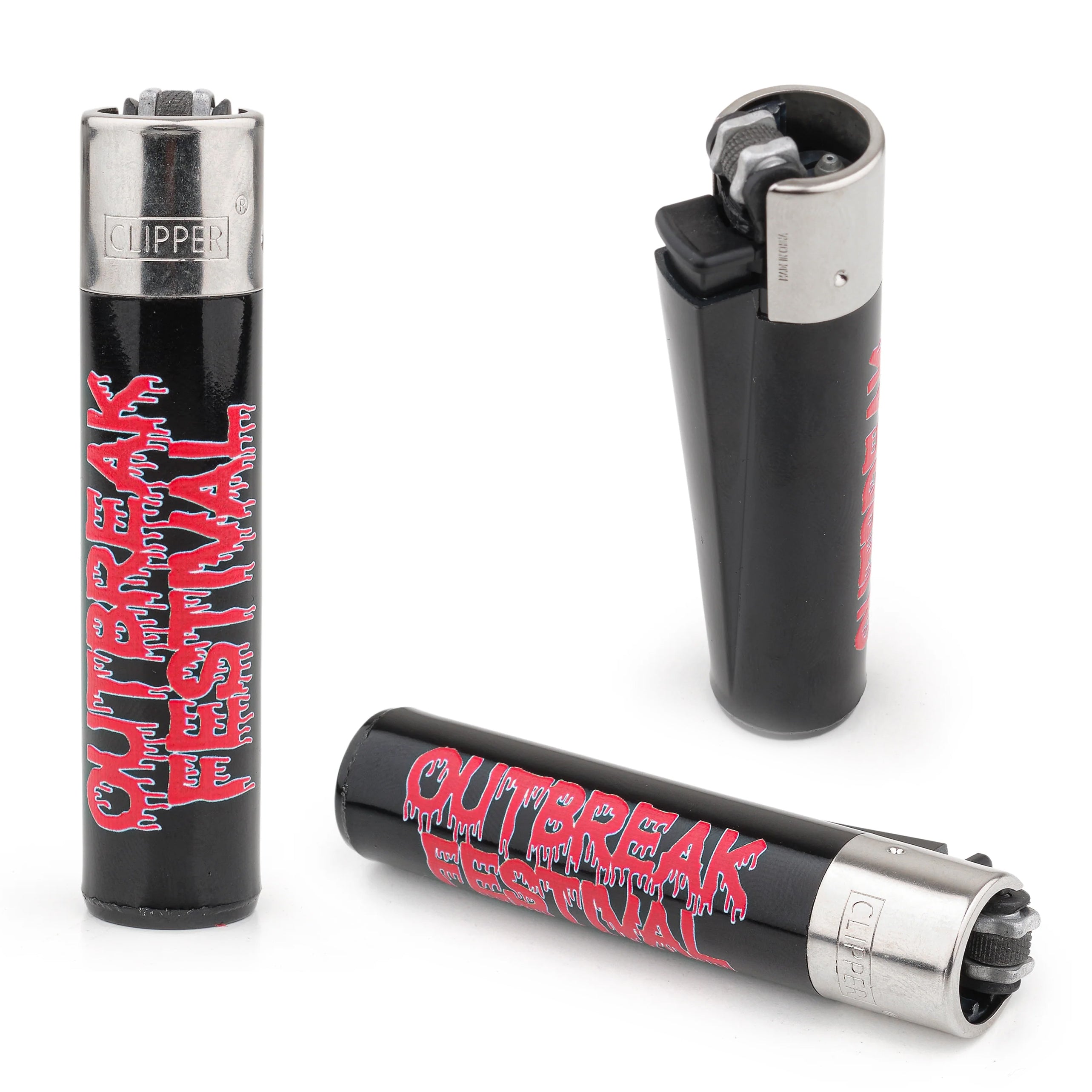 Custom print clipper lighters, Personalized Black lighters with 'Outbreak Festival' text on a white background