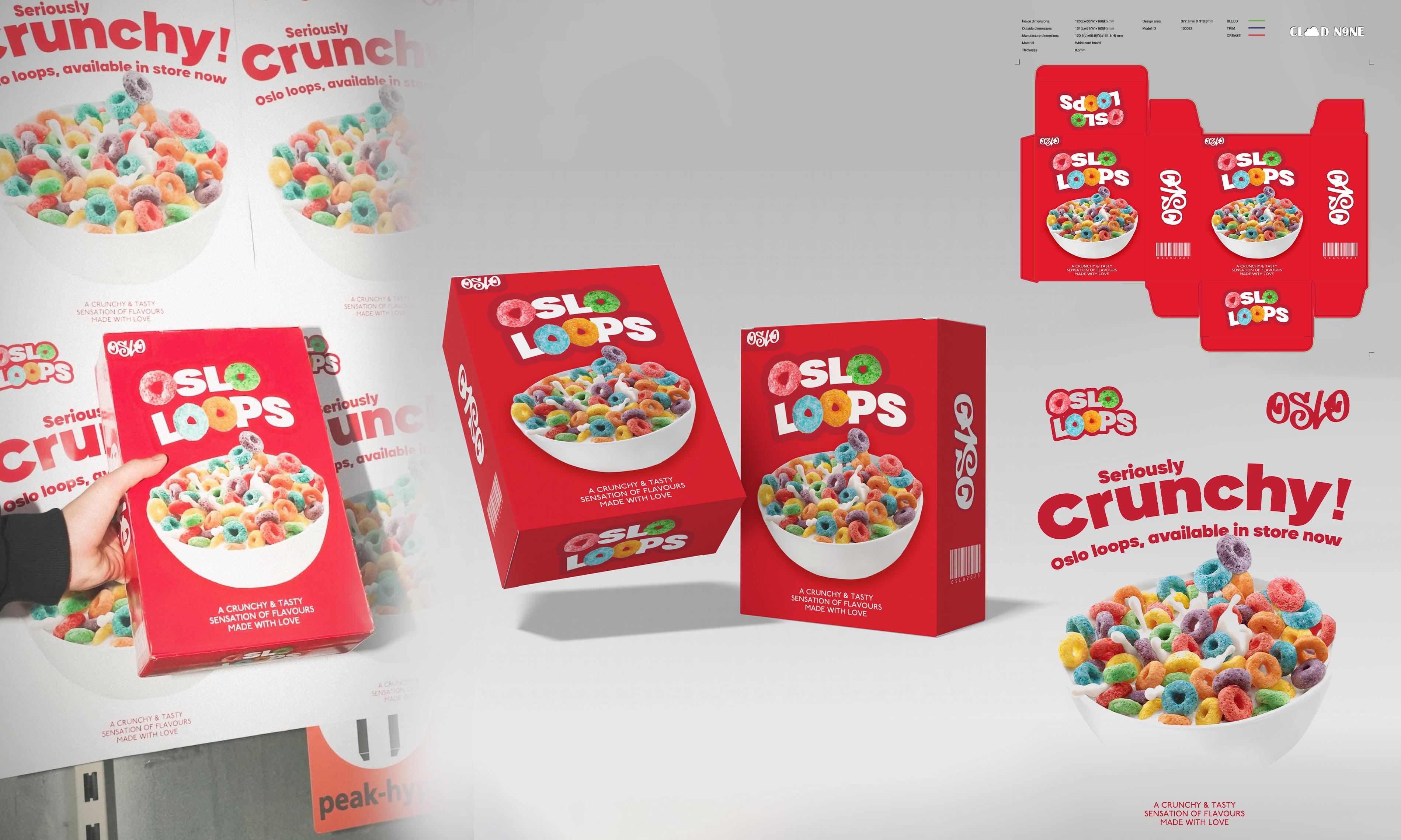 Custom cereal boxes, Packaging design & Print - Cloud Nine. Oslo Clothing cereal box.