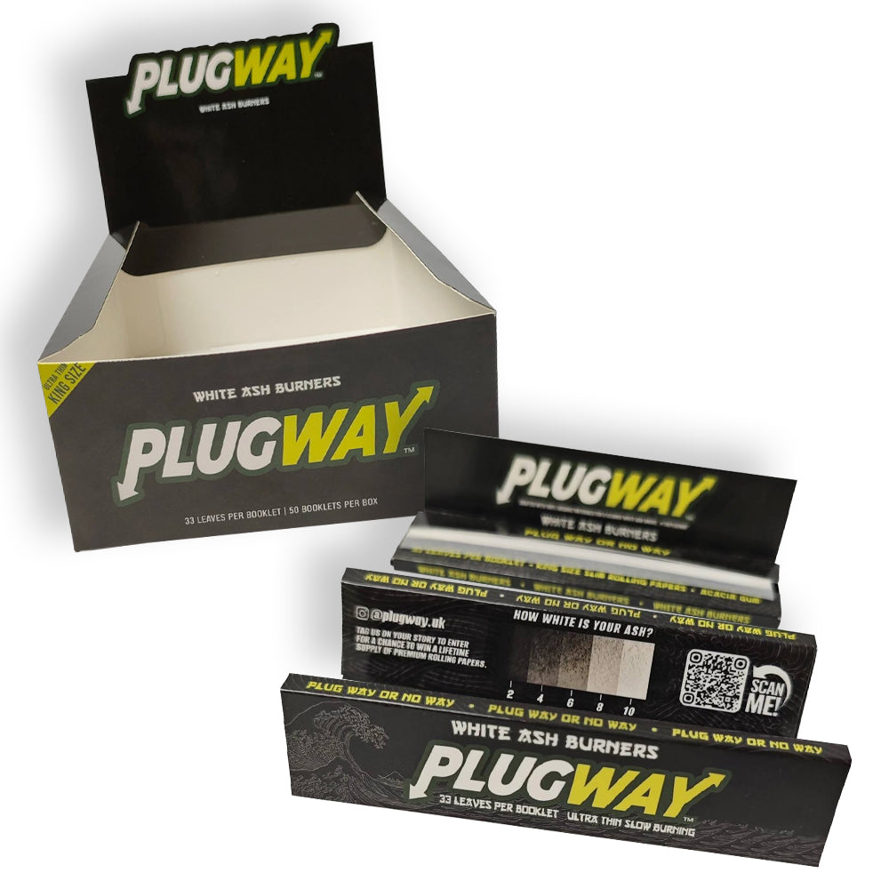 Custom rolling papers Box of Plugway white ash burners with packaging on a white background