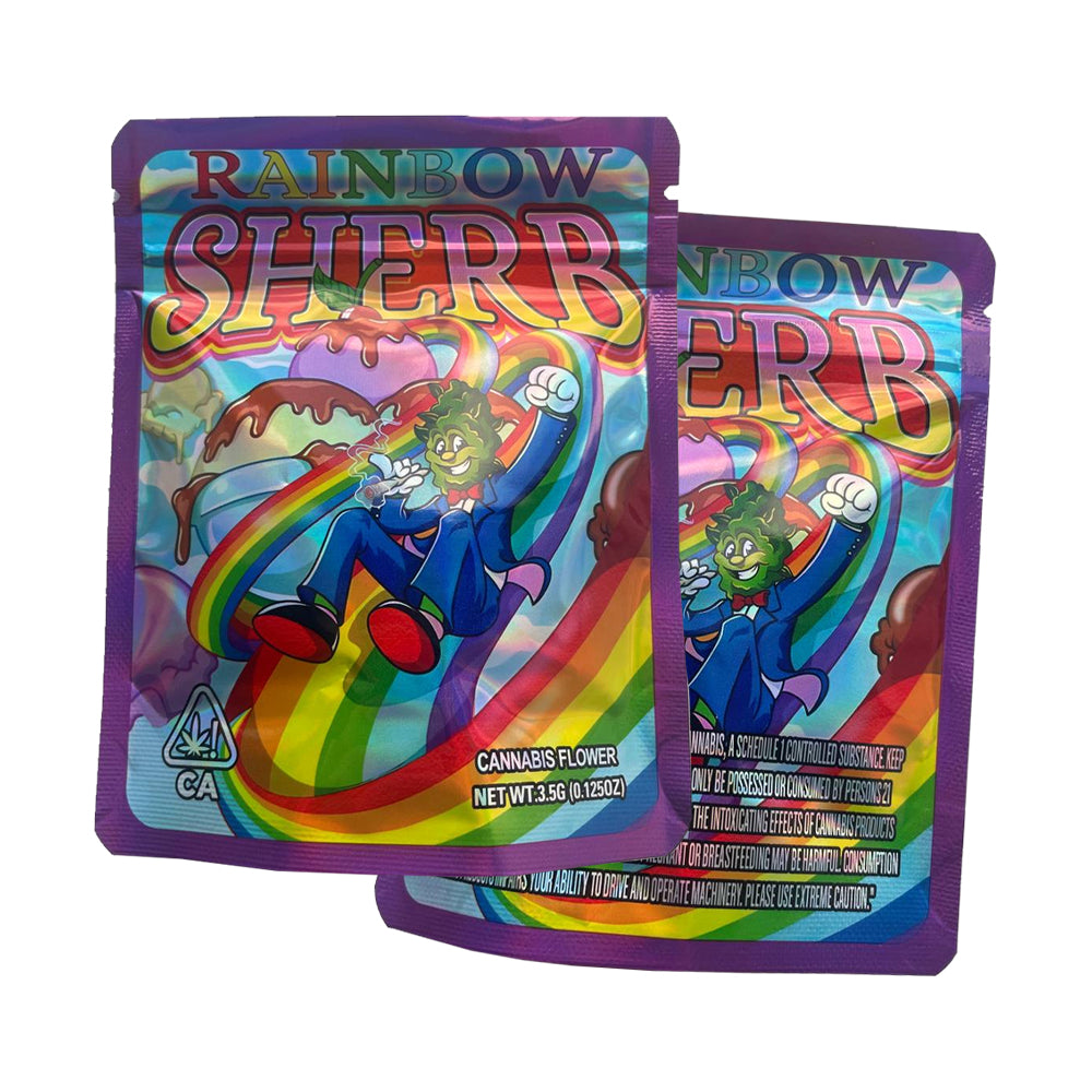 Rainbow Sherb mylar bag with colorful design and cartoon character 3.5g cali pack