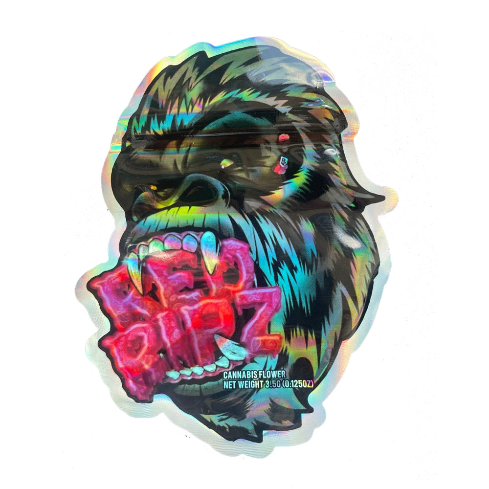 Holographic mylar bag cali pack of a gorilla with colorful text on a white background