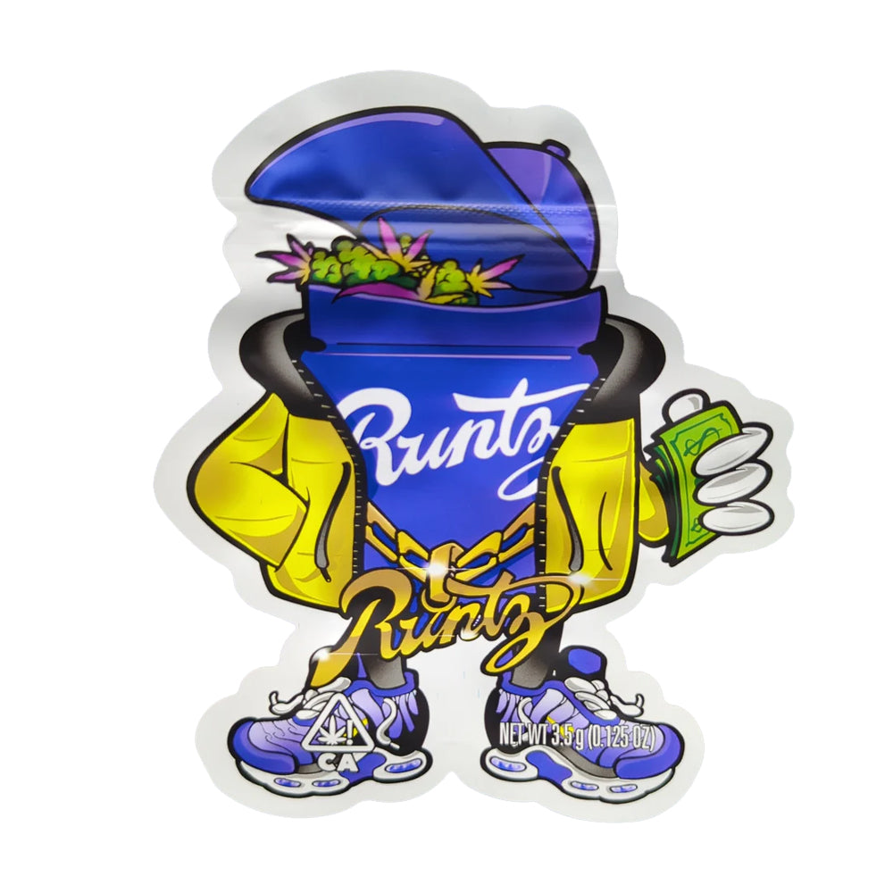 Runtz die cut mylar bag, runtz OG cali pack with mascot character 