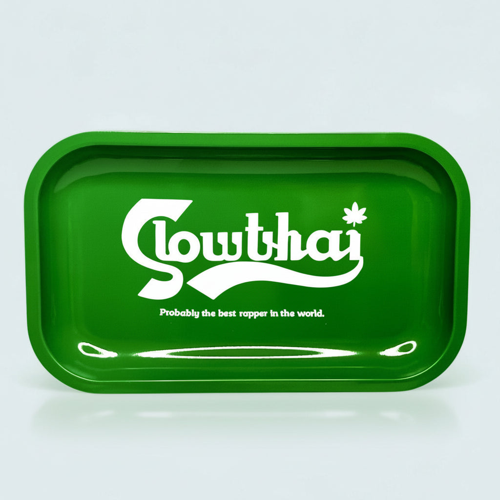 Custom rolling trays designed for artists and brands, featuring bold green slowthai inspired design, premium print quality, durable finish and unique merch for fans