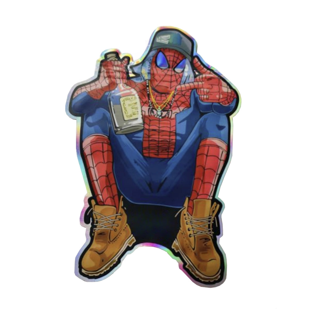 Spider Man mylar bag 3.5g cali pack spiderman wearing a chain and boots on a white background