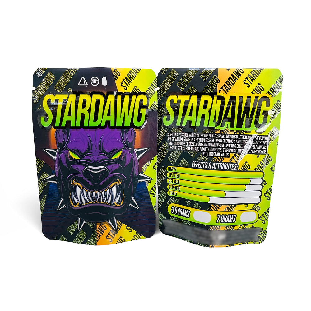 Stardawg mylar bags with a stylized dog logo on a white background 3.5g cali packs