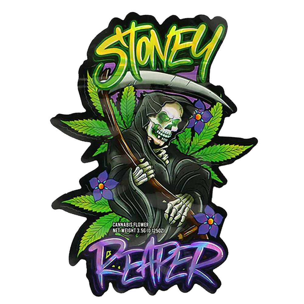 Stoney Reaper 3.5g Mylar bag featuring a grim reaper holding a scythe with cannabis leaves and purple flowers in the background, vibrant graffiti-style design for cannabis flower cali packs packaging.