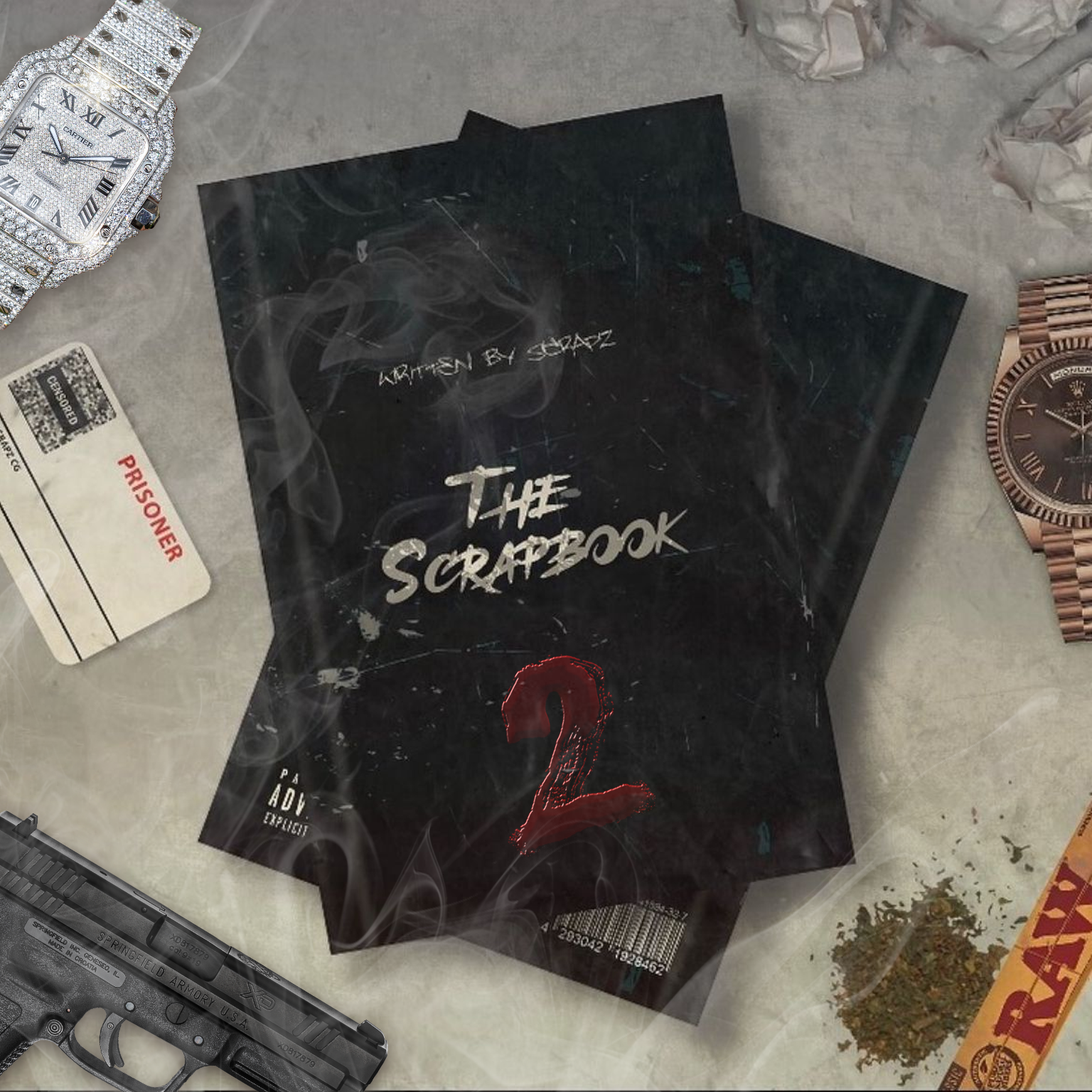 Custom album cover design service for Scrapz 'The Scrapbook' featuring book and scattered items in prison scene with prison card