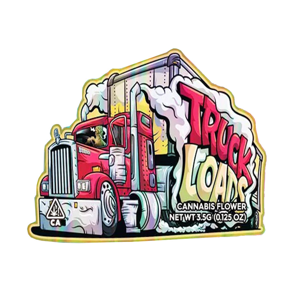 Cali pack mylar bag with a Colorful illustration of a truck with 'Truck Loads' branding on a white background