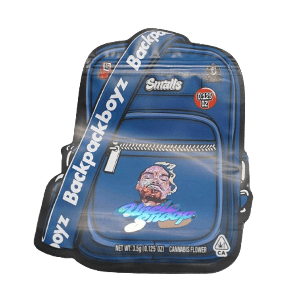 Blue mylar bag cali pack with 'Backpackboyz' branding and a snoop dogg graphic on a white background