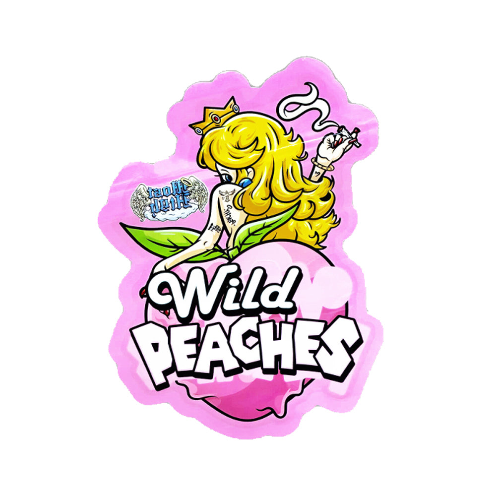 Mylar bag cali pack with a character and 'Wild Peaches' text on a pink background