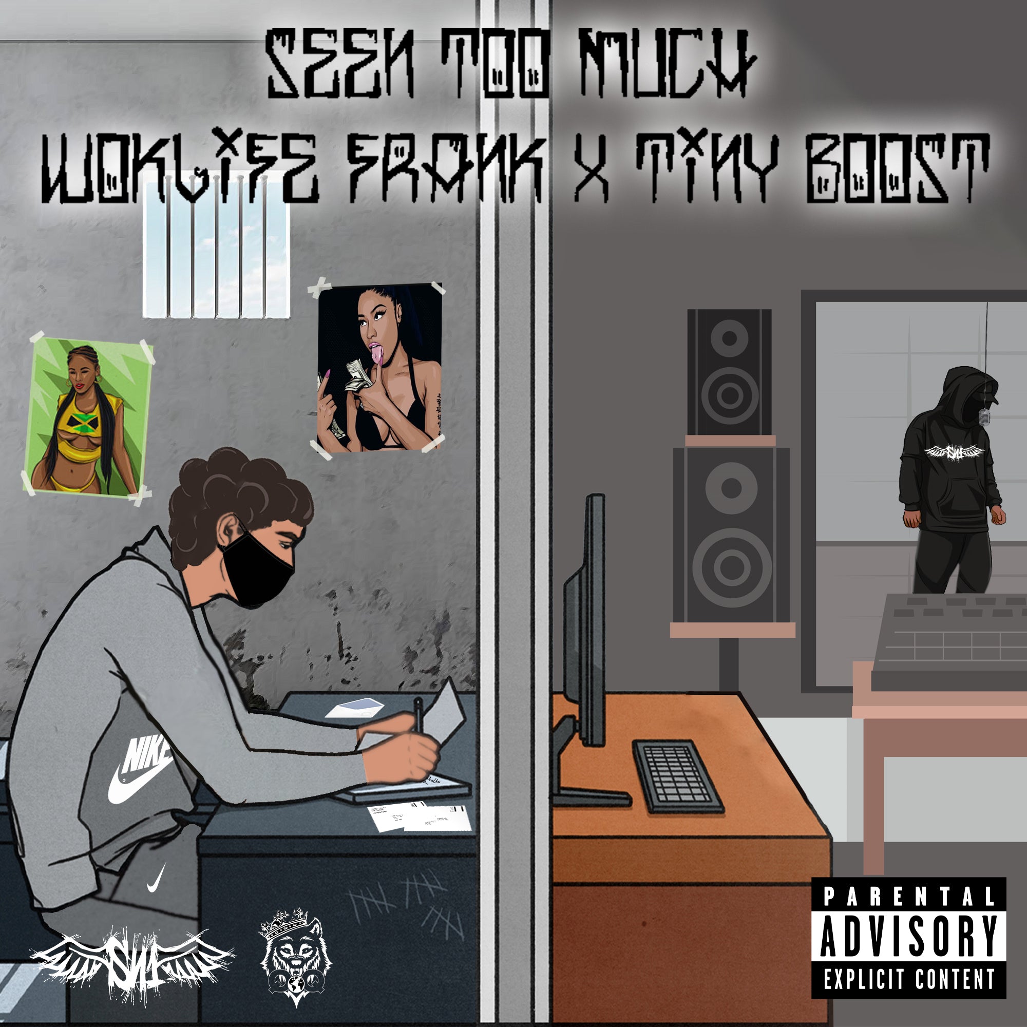 Custom album cover design for Tiny Boost 'Seen Too Much' featuring prison illustration and music studio