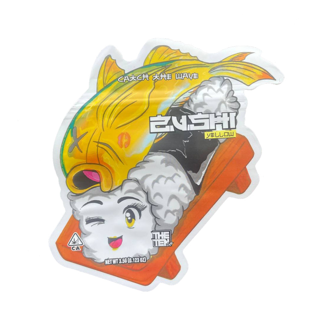 Yellow Zushi by Ten Co 3.5g mylar bag with bold yellow and blue design, Ten Co logo, strain label, and resealable packaging ten co cali packs