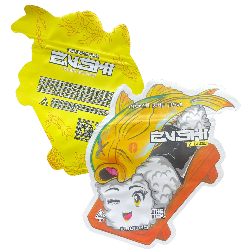Yellow Zushi by Ten Co 3.5g mylar bag with bold yellow design,  ten co cali packs