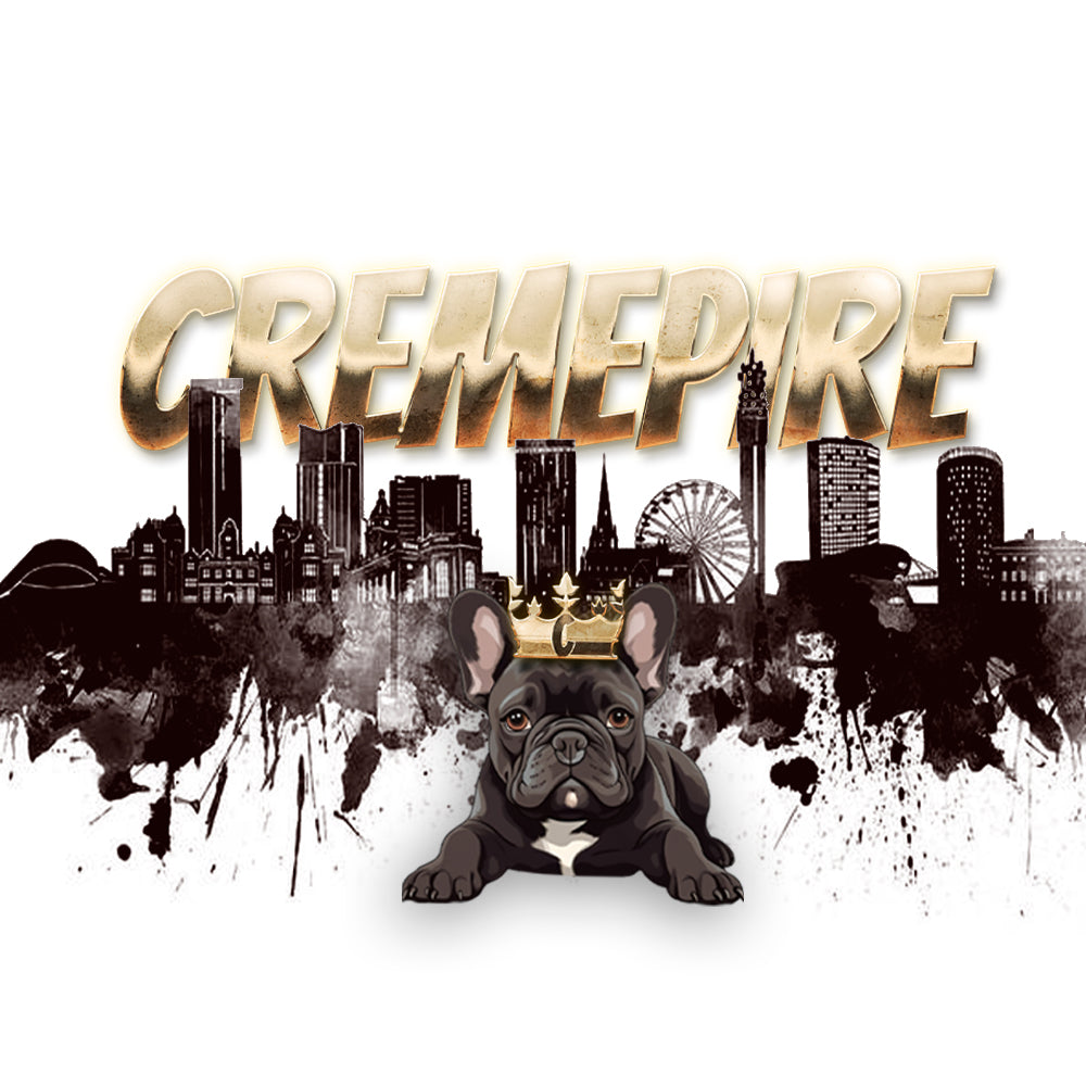 Custom logo design service for Cremepire featuring dog lying down with gold company name in front of birmingham city skyline