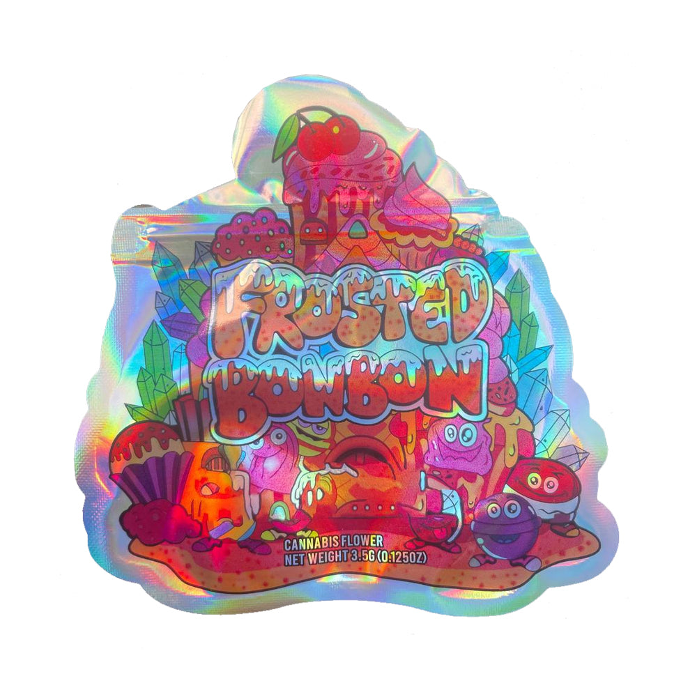 Holographic mylar bag frosted bonbon 3.5g cali pack with colorful graphics on a white background