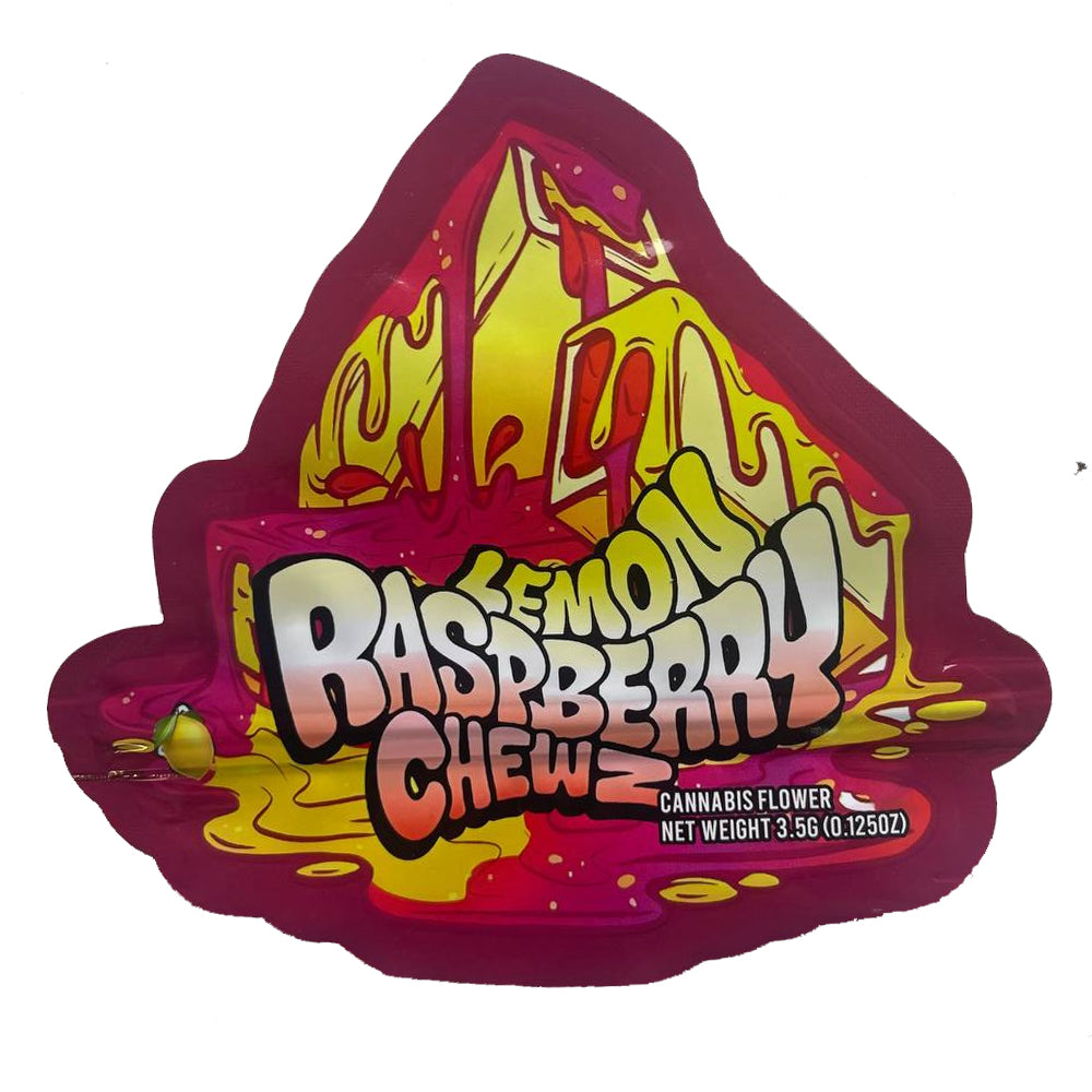 lemon raspberry chewz mylar bag with colorful design 3.5g cali pack on a white background