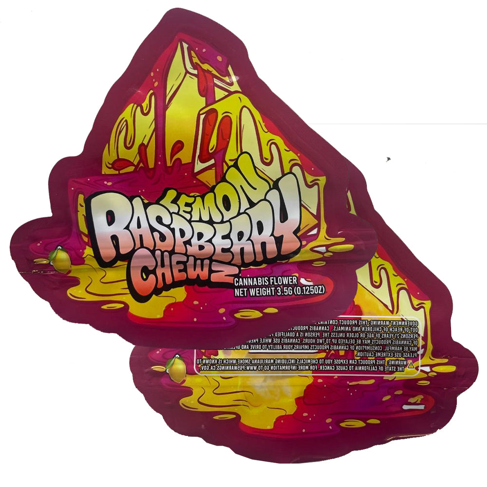 lemon raspberry chewz mylar bag with colorful design 3.5g cali pack on a white background
