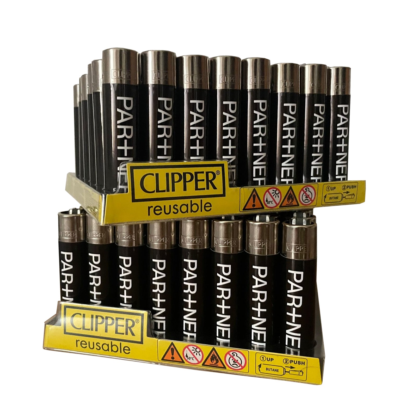 Custom Clipper Lighters with personalized branding black lighters on a white background
