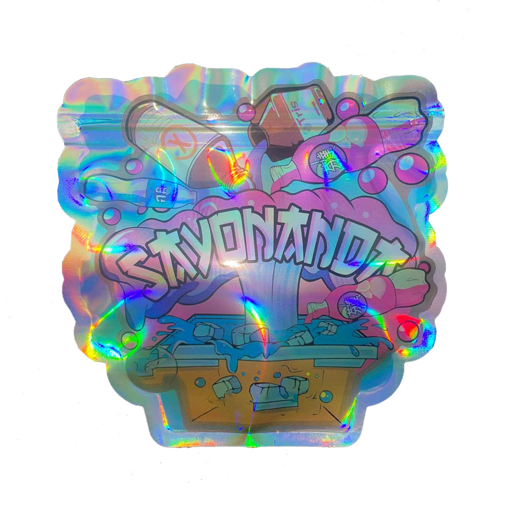 Holographic mylar bag with colorful design and sayonanda text. 3.5g cali pack